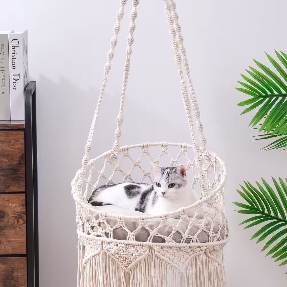 None Beige Hanging Boho Cat Bed Hammock Cat Swing Cat Hammock