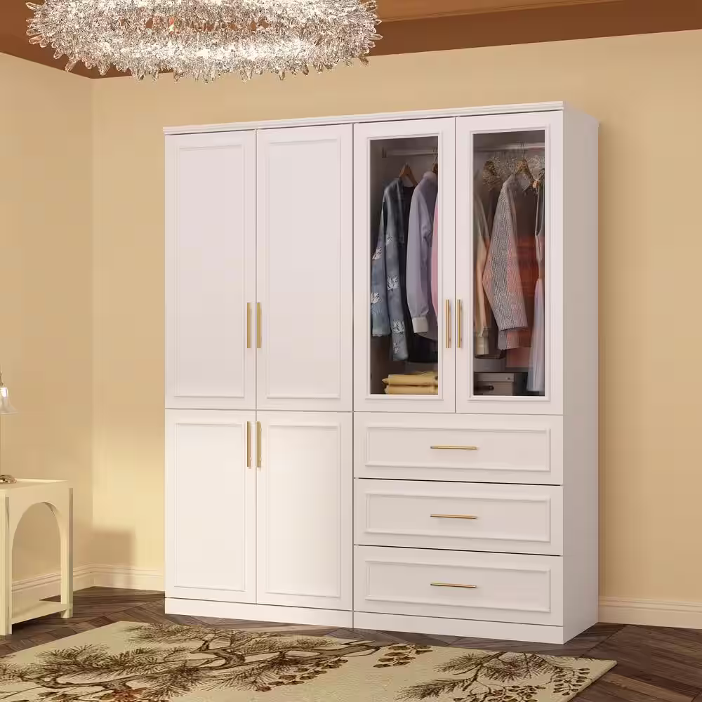 None 2-Combination White Wood 63.3 in. W 6-Door Big Armoires with 2 Hanging Rods, 3-Drawers, Shelves 74.8 in. H x 19.3 in. D