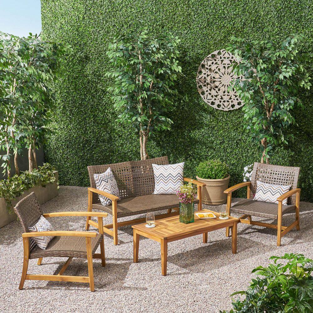Noble House Hampton Natural 4-Piece Wood Patio Conversation Set