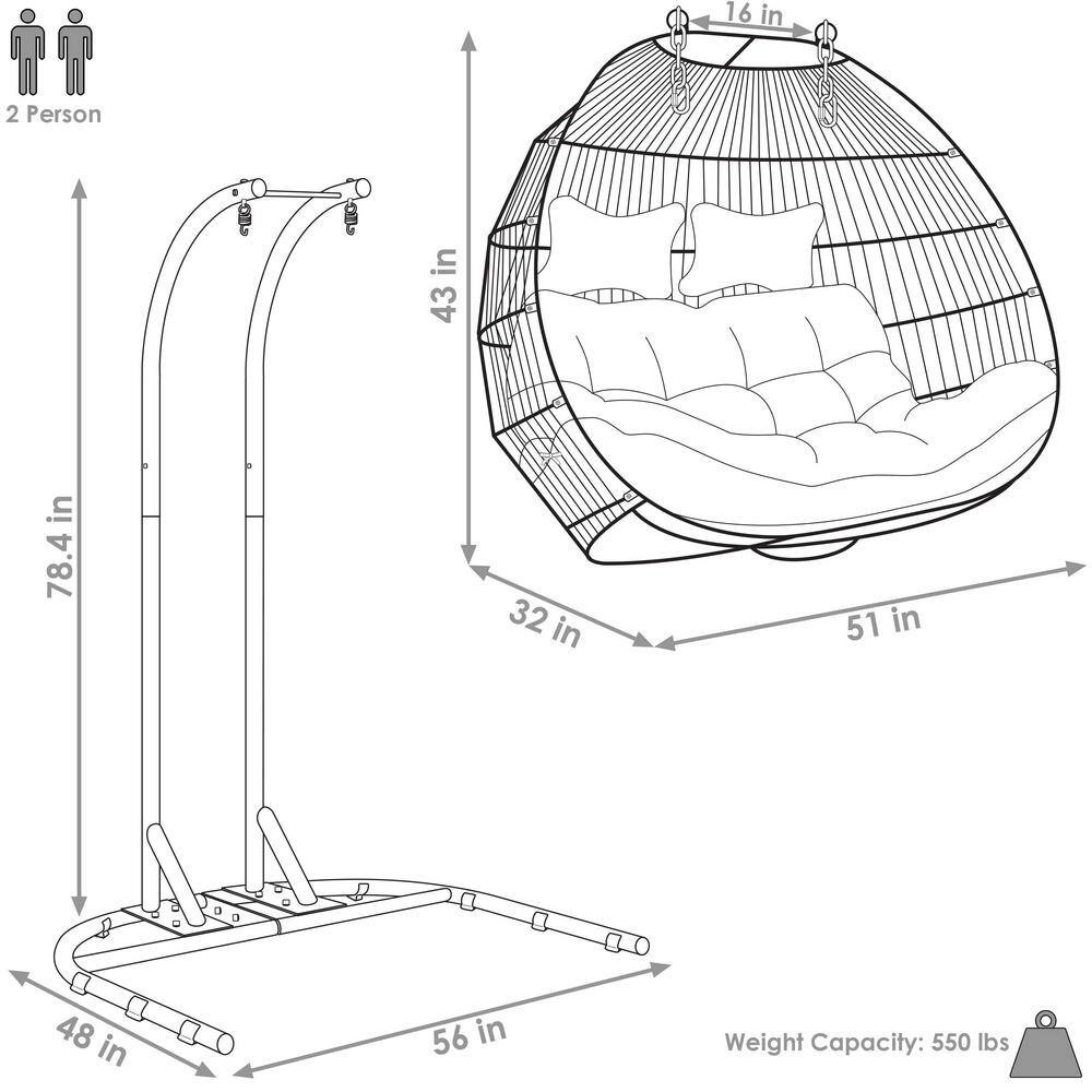 Sunnydaze Decor 53 in. Liza Loveseat Cushioned Egg Chair Hammock with Stand in Gray