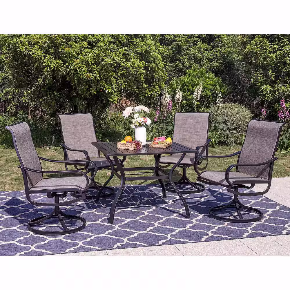 None Black 6-Piece Metal Square Patio Outdoor Dining Set with Slat Table, Umbrella and Textilene Swivel Chairs