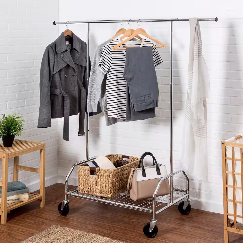 Honey-Can-Do Chrome Steel Clothes Rack with Bottom Shelf 59.3 in. W x 66.73 in. H