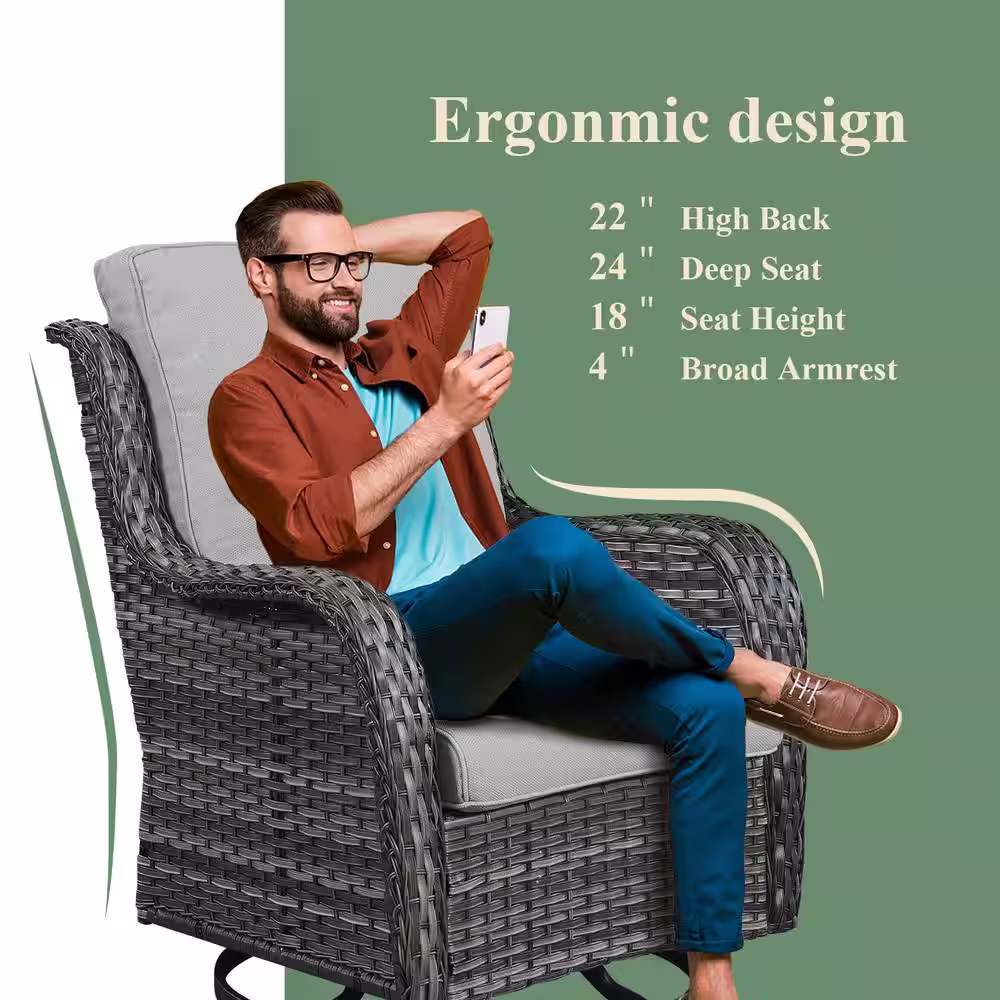 Pocassy Gray 3-Piece Wicker Patio Conversation Deep Seating Set with Gray Cushions All-Weather Swivel Rocking Chairs