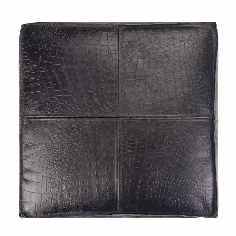 Simpli Home Bowen Boho Square Pouf in Black Genuine Leather