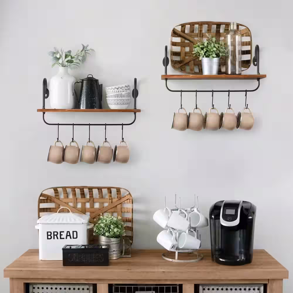 None Floating Wall Shelves for Kitchen Bathroom Coffee Nook with 10 Adjustable Hooks for Mugs Cooking Utensils or Towel