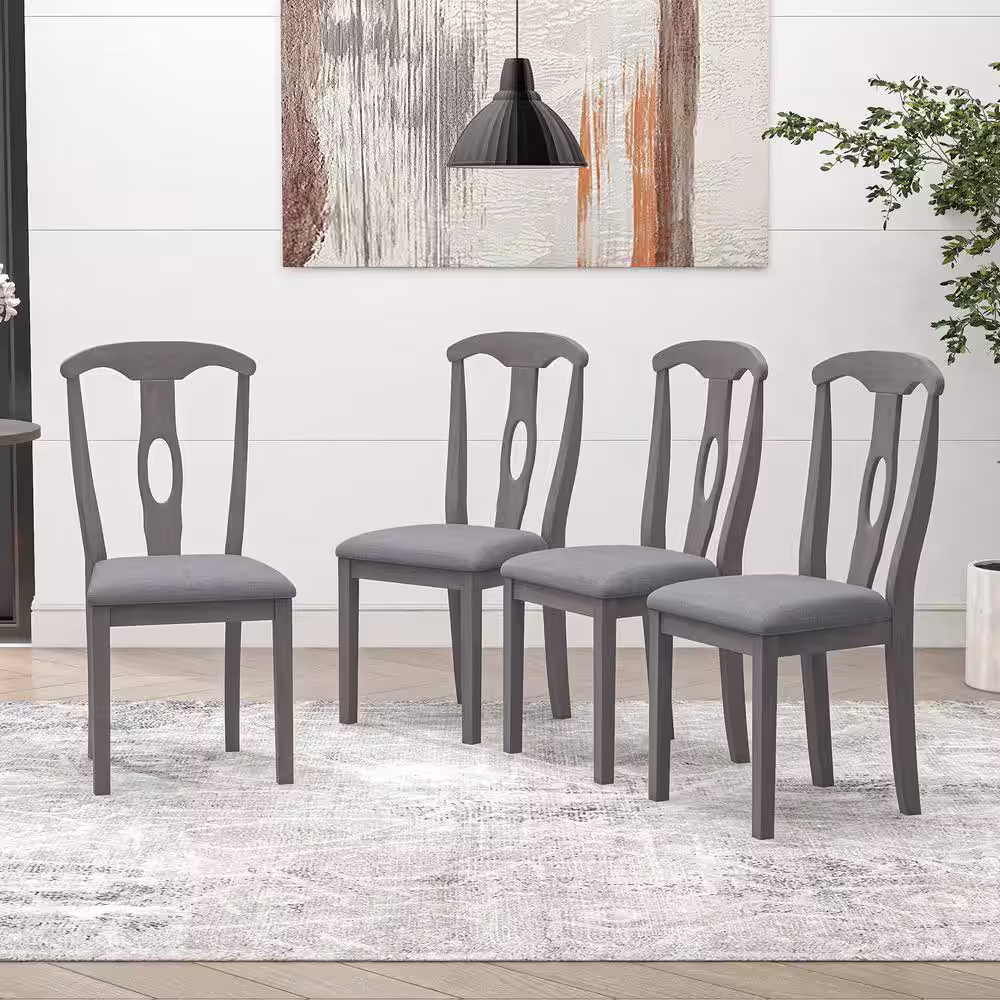 Harper & Bright Designs Rustic Farmhouse 5-Piece Gray Round Drop Leaf Wood Dining Table Set with 4-Padded Dining Chairs