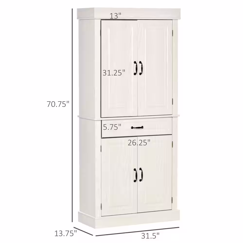 HOMCOM 71 in. White Freestanding Kitchen Pantry with 4-Doors, and 2-Large Cabinets, Tall Storage Cabinet with Wide Drawer