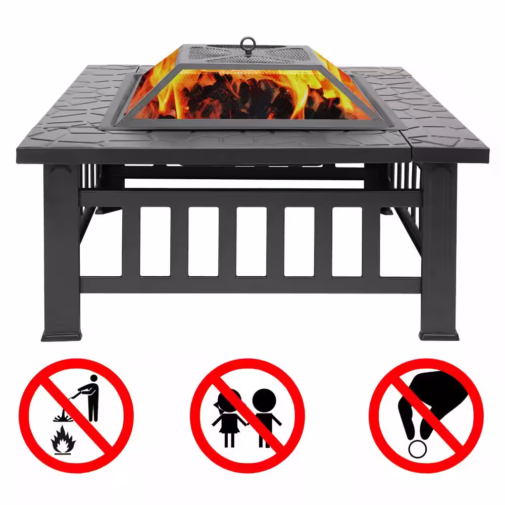None 32 in. W x 14 in. H Square Metal Wood Burning Fire Pit Table in Black