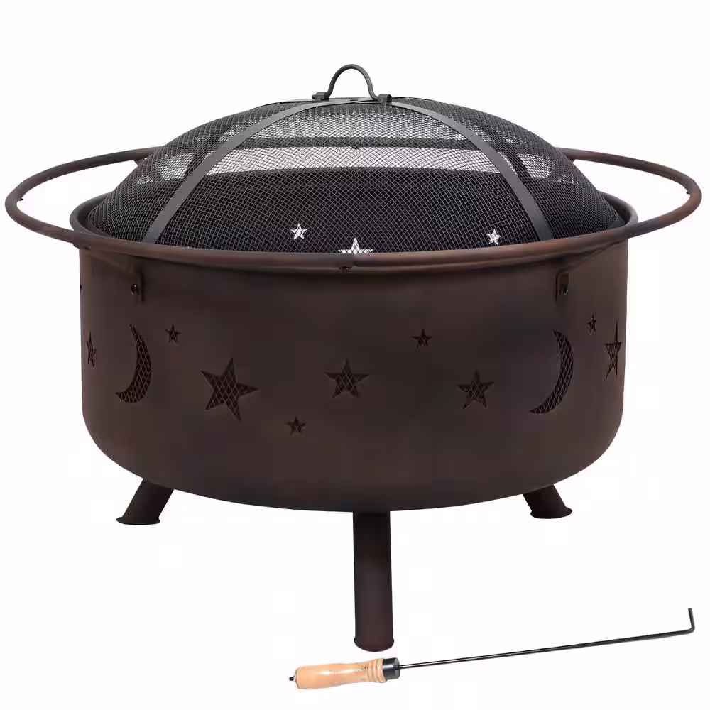 Sunnydaze Decor Cosmic 30 in. x 20 in. Round Bronze Steel Wood Burning Fire Pit with Cooking Grill and Spark Screen