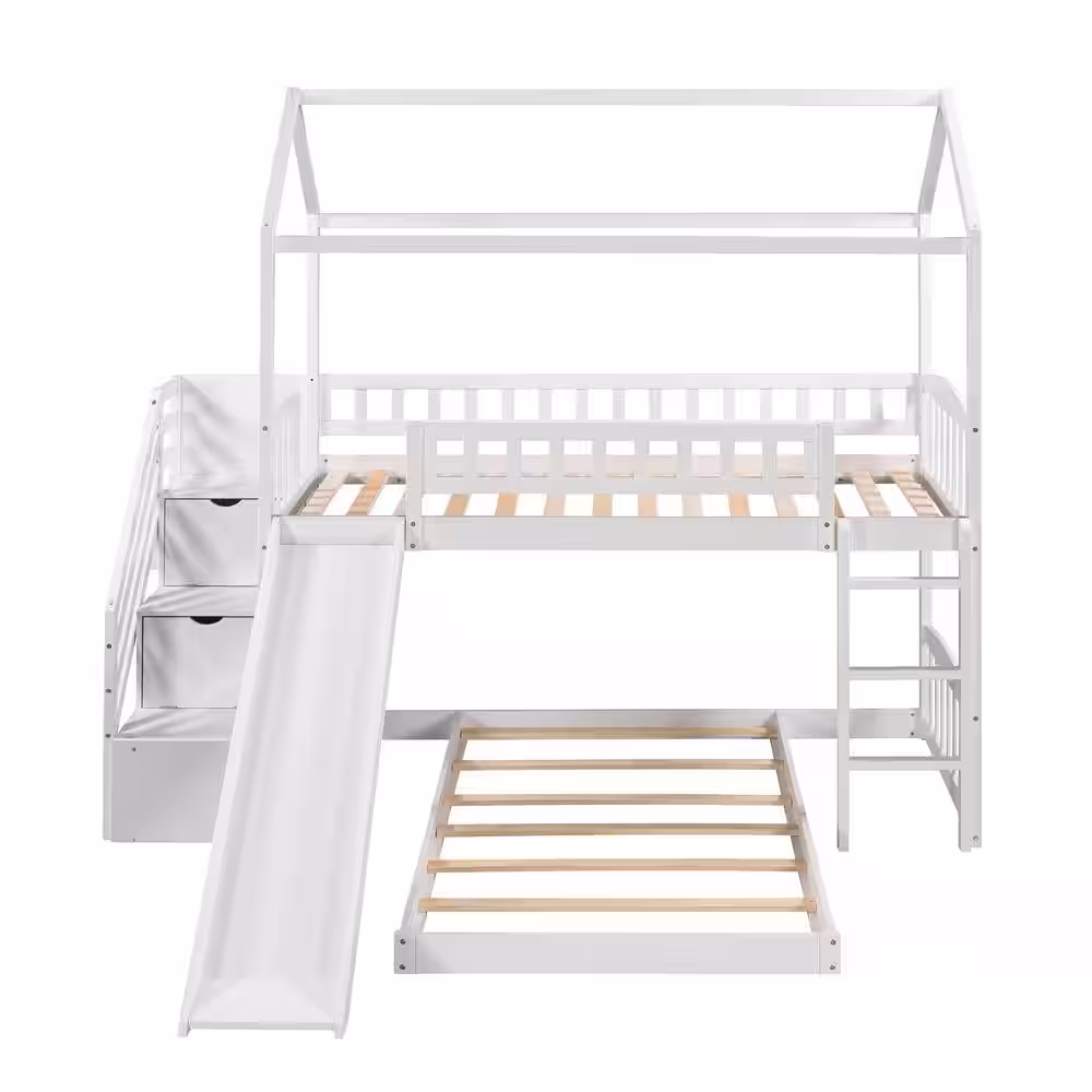 Harper & Bright Designs White Twin Over Twin Wood House Bunk Bed with 2-Drawers, Stairs and Slide