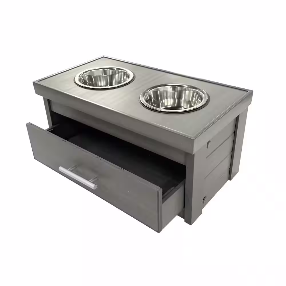 New Age Pet ECOFLEX Piedmont 40 oz. 2-Bowl Dog Diner with Storage Drawer in Grey