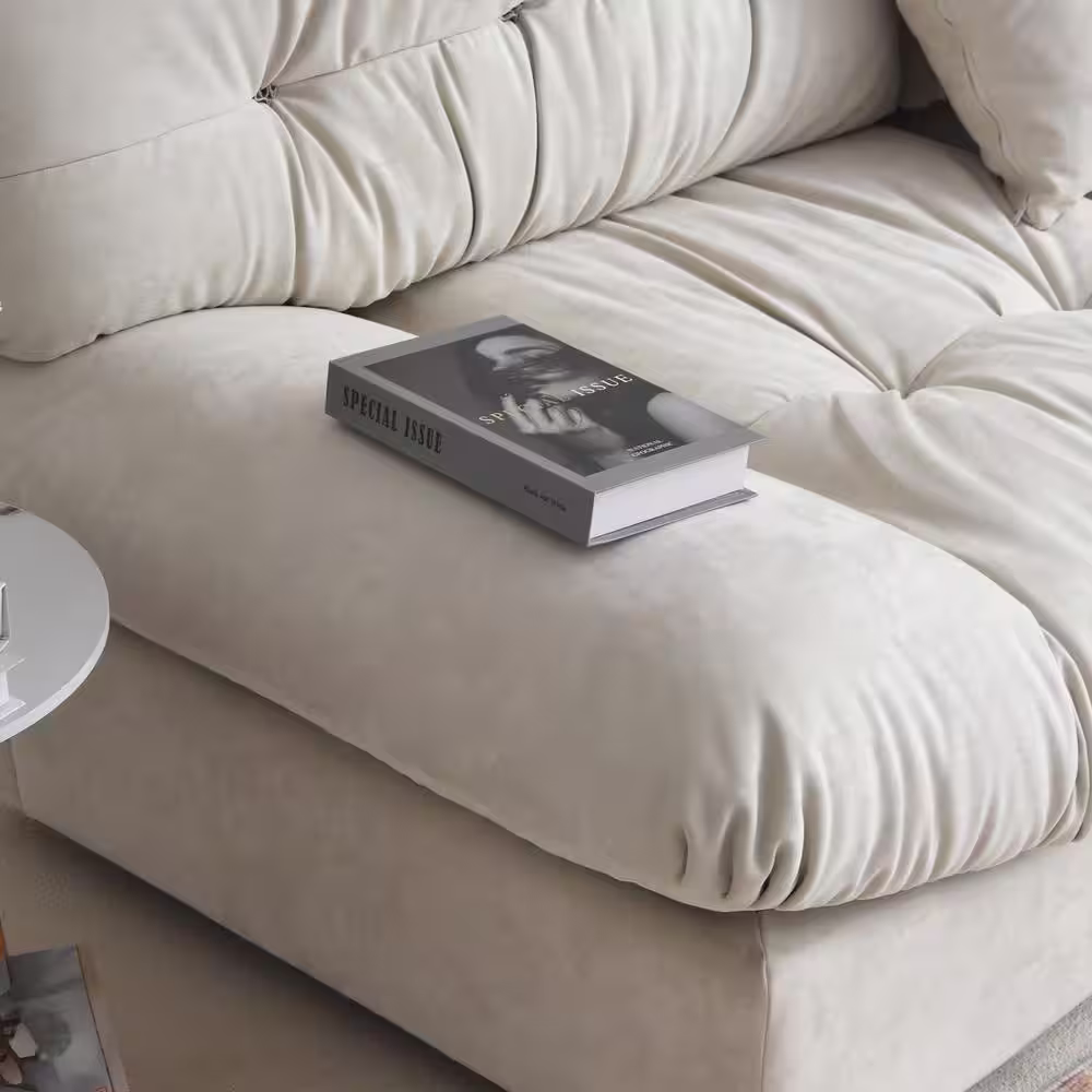 J&E Home 89 in. W Square Arm Velvet Rectangle 3-Seats Modern Cloud Sofa in Beige