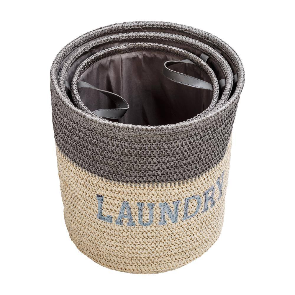 Honey-Can-Do Gray/Natural Nesting Paper Straw Laundry Baskets with Handles Set of 3