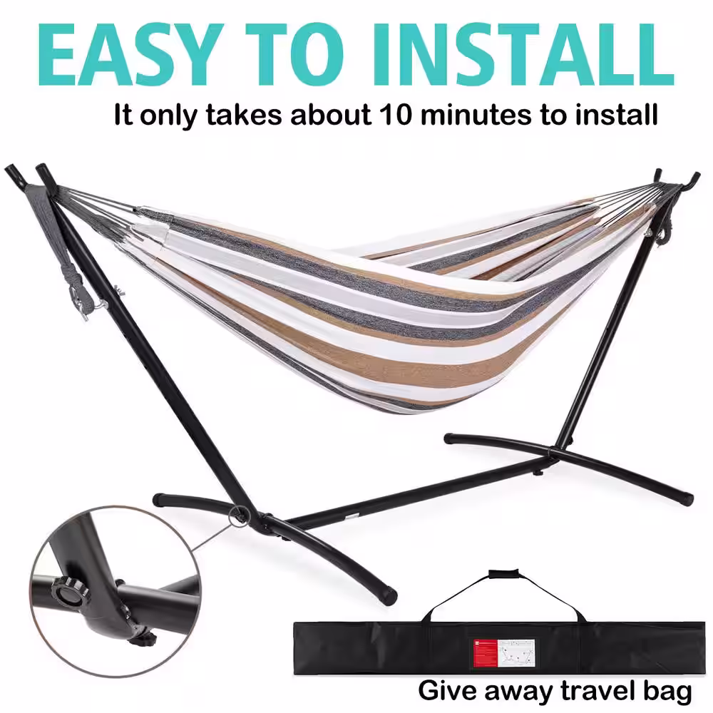 None 10 ft. Fabric Cotton Hammock Bed with Space Saving Steel Stand in Brown Stripes(450 lbs. Capacity- Carry Bag Included)
