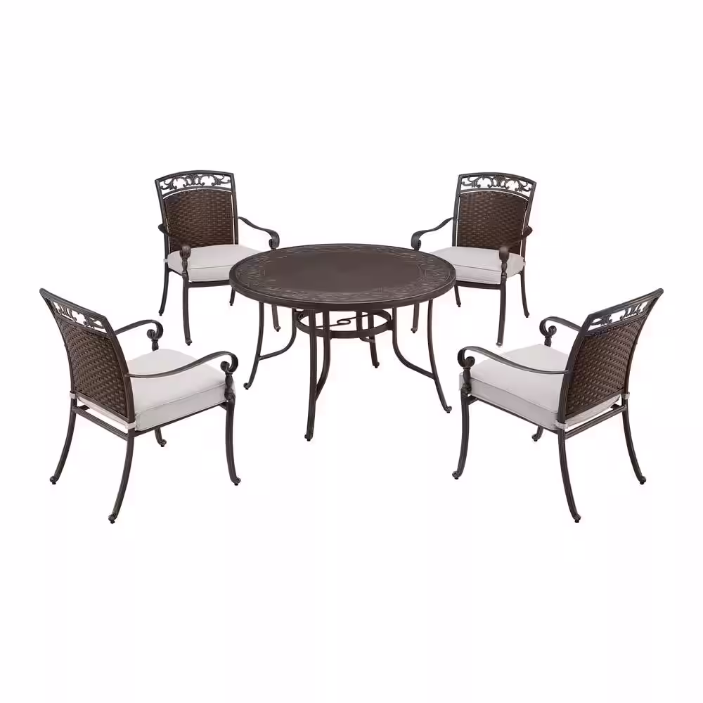Home Decorators Collection Wilshire Heights 5-Piece Cast and Woven Back All Aluminum Outdoor Dining Set with Acrylic Sand Dune Cushions