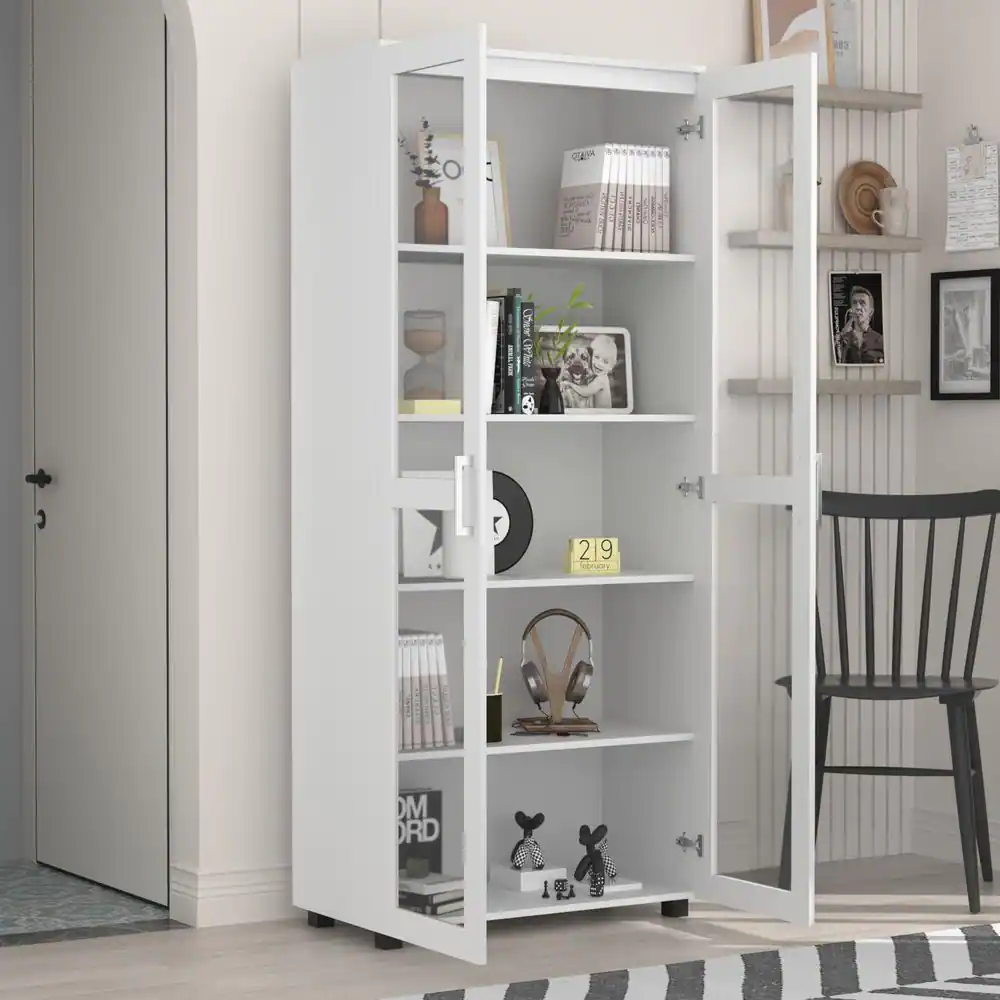 None 72 in. H x 31.5 in. W White Wood 5-Shelf Accent Bookcase Bookshelf With 2-Door and Adjustable Shelves