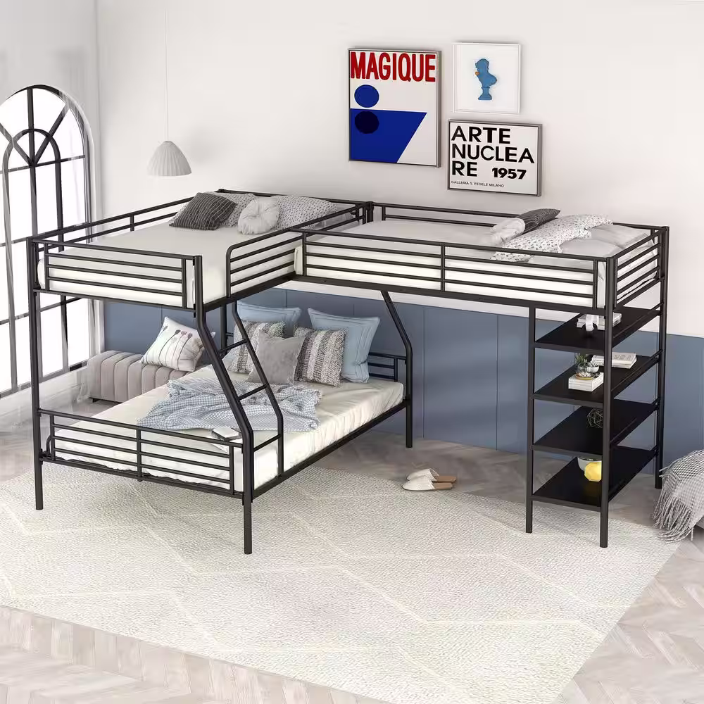 Harper & Bright Designs L-shaped Black Twin and Twin over Full Metal Triple Bunk Bed with 4 Built-in Shelves
