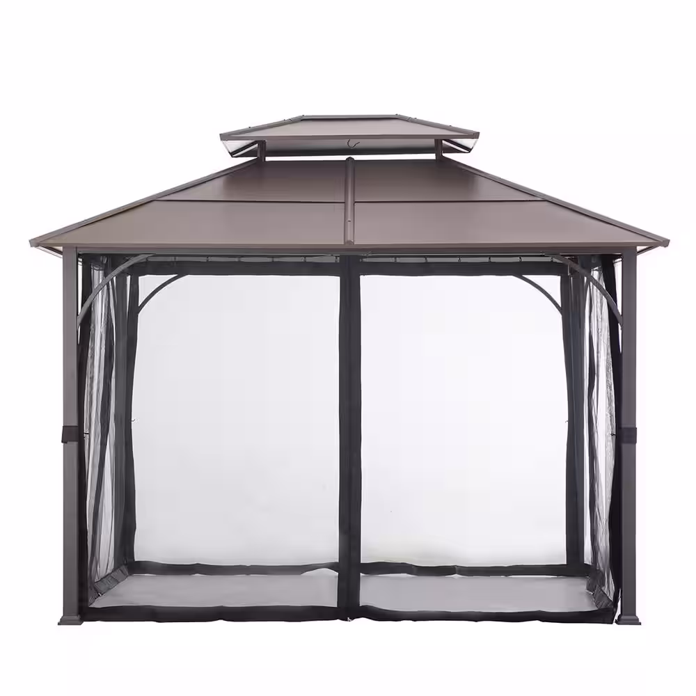 Sunjoy Atasha 10 ft. x 12 ft. Brown Steel Gazebo with 2-Tier Hip Roof Hardtop with Mosquito Netting