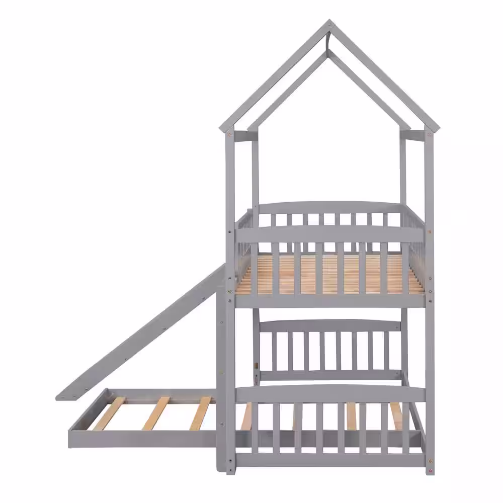 Harper & Bright Designs Gray Twin Over Twin Wood Bunk Bed with Slide and Ladder