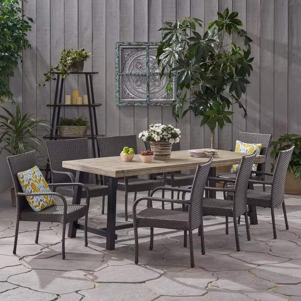 Noble House Jefferson 30 in. Sandblast Light Grey 9-Piece Metal Rectangular Outdoor Dining Set