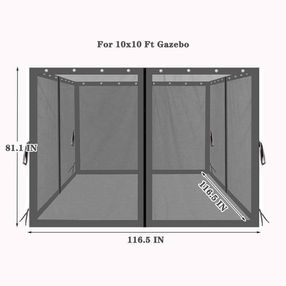 None 10 ft. x 10 ft. Black Gazebo Replacement Mosquito Netting with Zippers; 4-Side Mesh Walls for Patio Gazebos