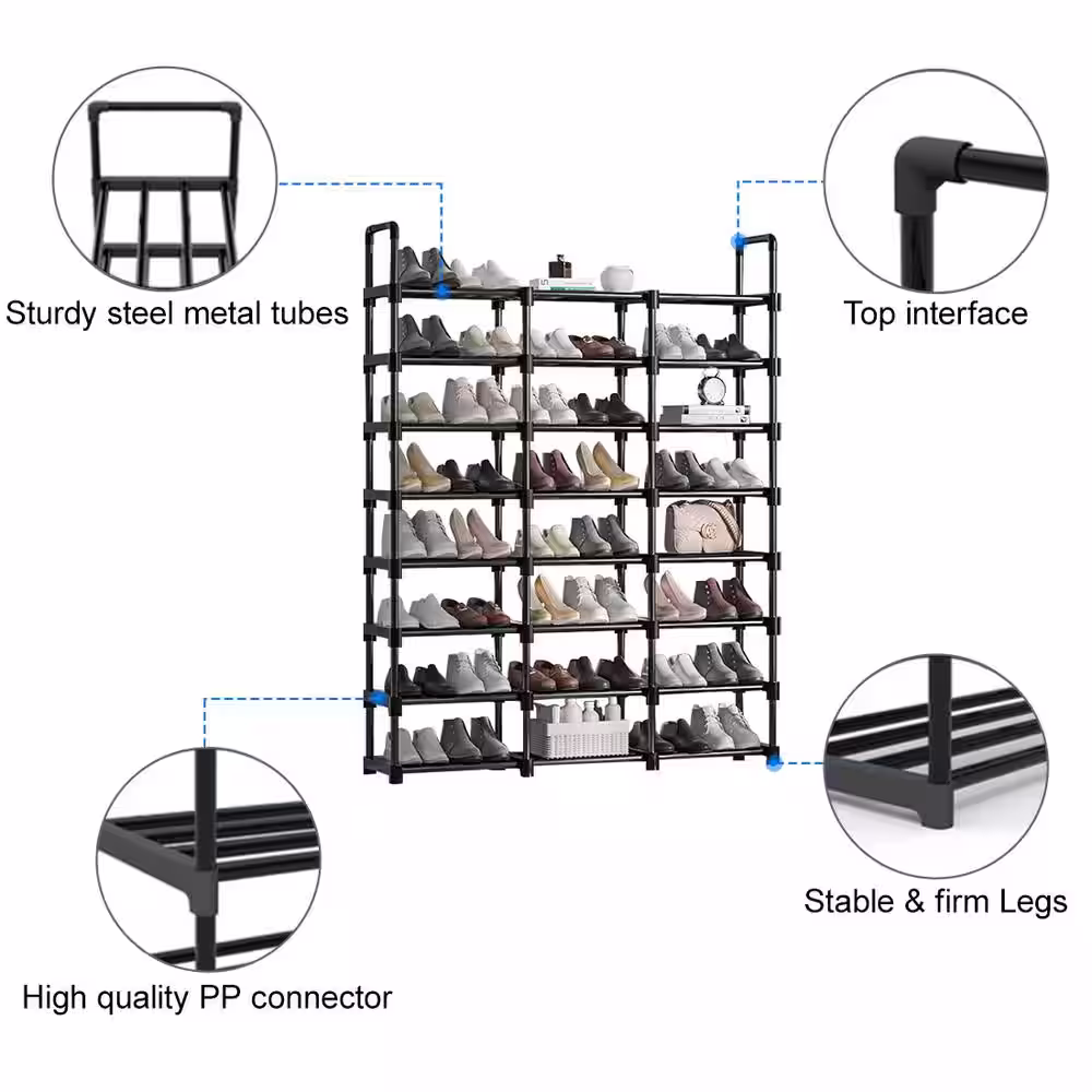 None 57 in. H 48-Pair 8-Tier Black Metal Shoe Rack