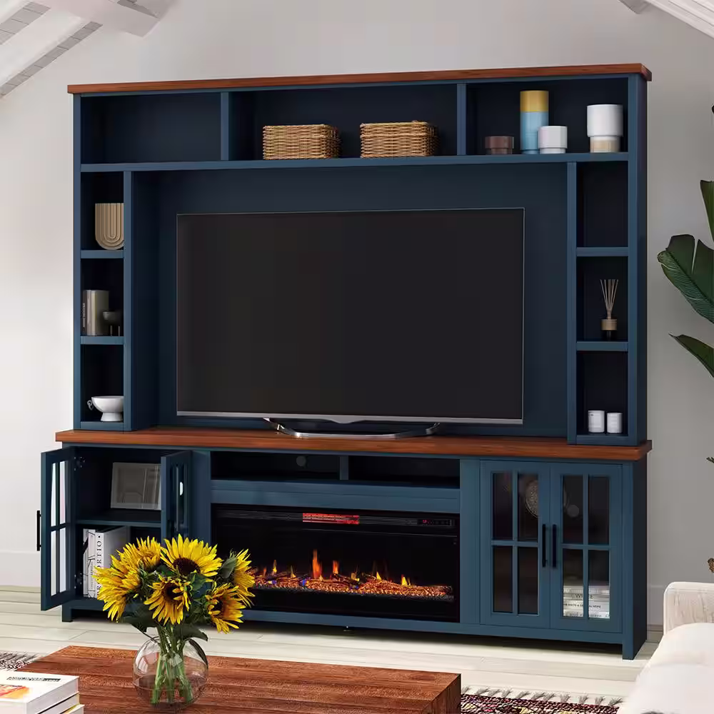 Bridgevine Home Nantucket Denim & Whiskey TV Stand Fits TV's up to 85 in. with Electric Fireplace