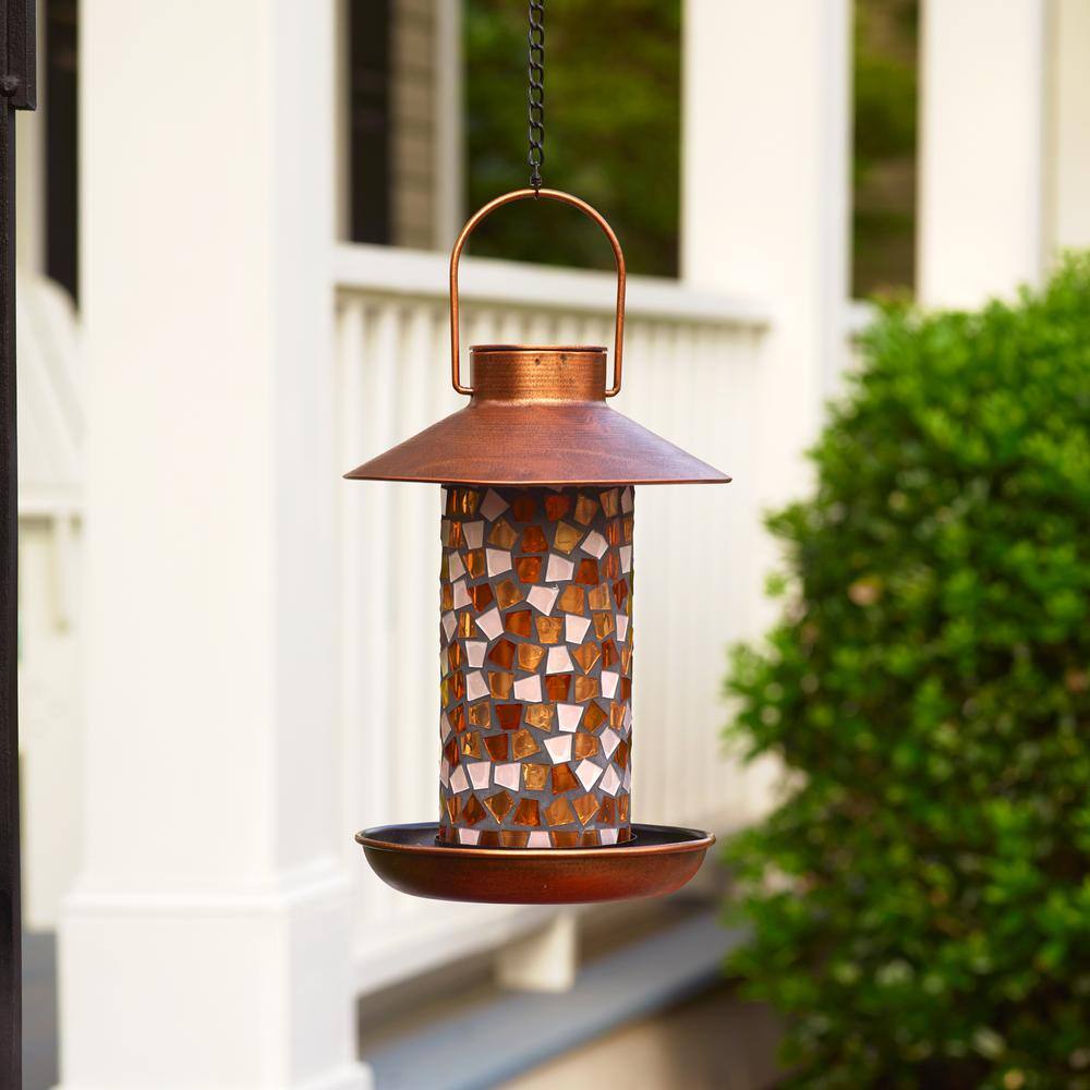 Smart Solar Adelie Mosaic Glass and Distressed Copper Bird Feeder with Integrated LED Solar Powered Light