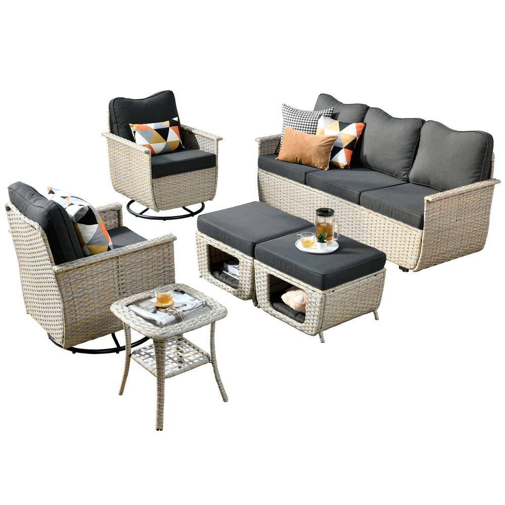 HOOOWOOO Sierra Beige 6-Piece Wicker Pet Friendly Outdoor Patio Conversation Sofa Set with Swivel Chairs and Black Cushions