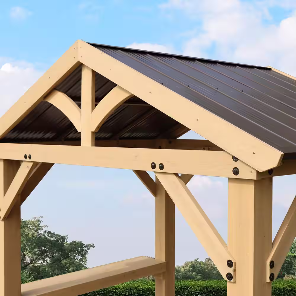 Yardistry Meridian 8 ft. x 5 ft. Premium Cedar Outdoor Grilling Shade Gazebo with Brown Aluminum Roof and 2 Counter Shelves
