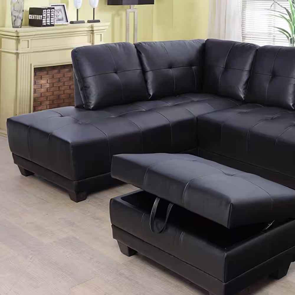 Star Home Living Mike 3-Piece Black Faux Leather 3-Seater L-Shaped Left-Facing Sectional Sofa with Ottoman