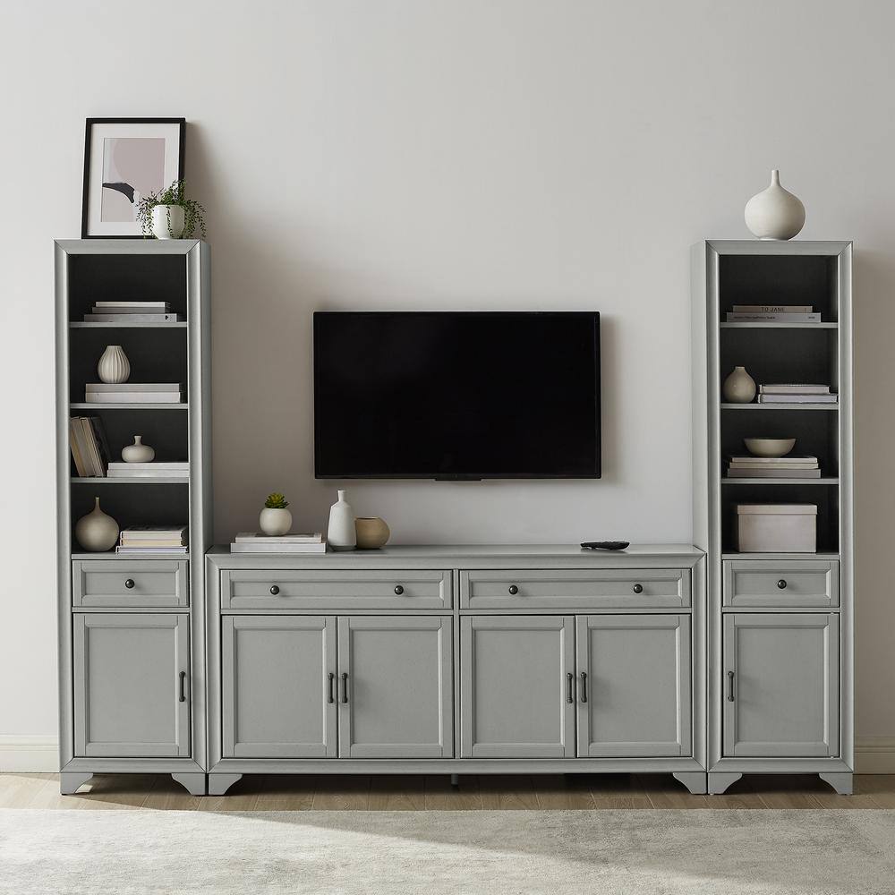 CROSLEY FURNITURE Tara 97 in. Gray Entertainment Center with 4-Drawers Fits TV's up to 65 in. with Bookshelves