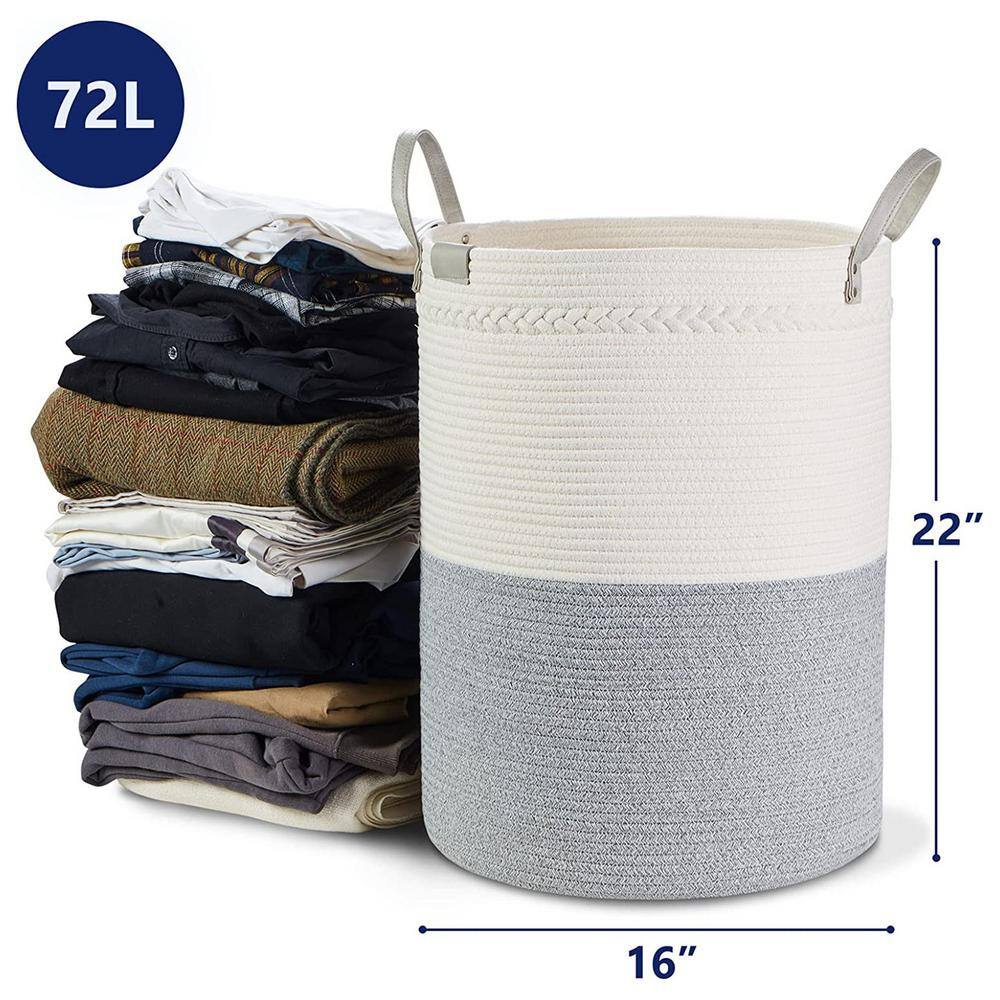 None 72L Cotton Laundry Basket Hamper White and Gray