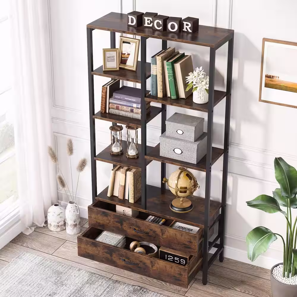 BYBLIGHT Eulas 66.9 in. Rustic Brown Wood 7-Shelf Standard Bookcase 2-Drawers Home Office 31.49 in. W x 11.81 in. D x 66.92 in. H