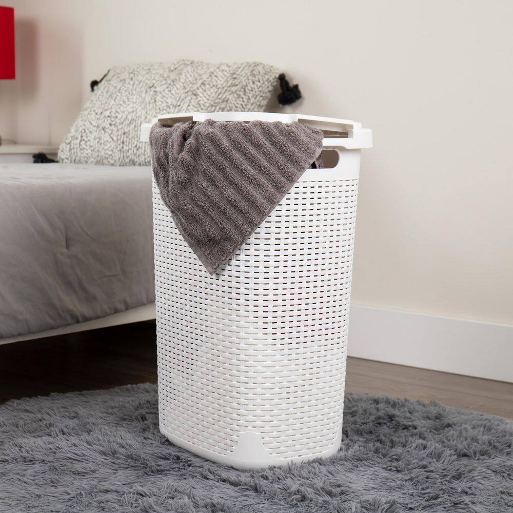 Mind Reader Basket Collection, Plastic Slim Laundry Hamper, 60 Liter (15kg/33lbs) Capacity, Attached Hinged Lid, Set of 2, White