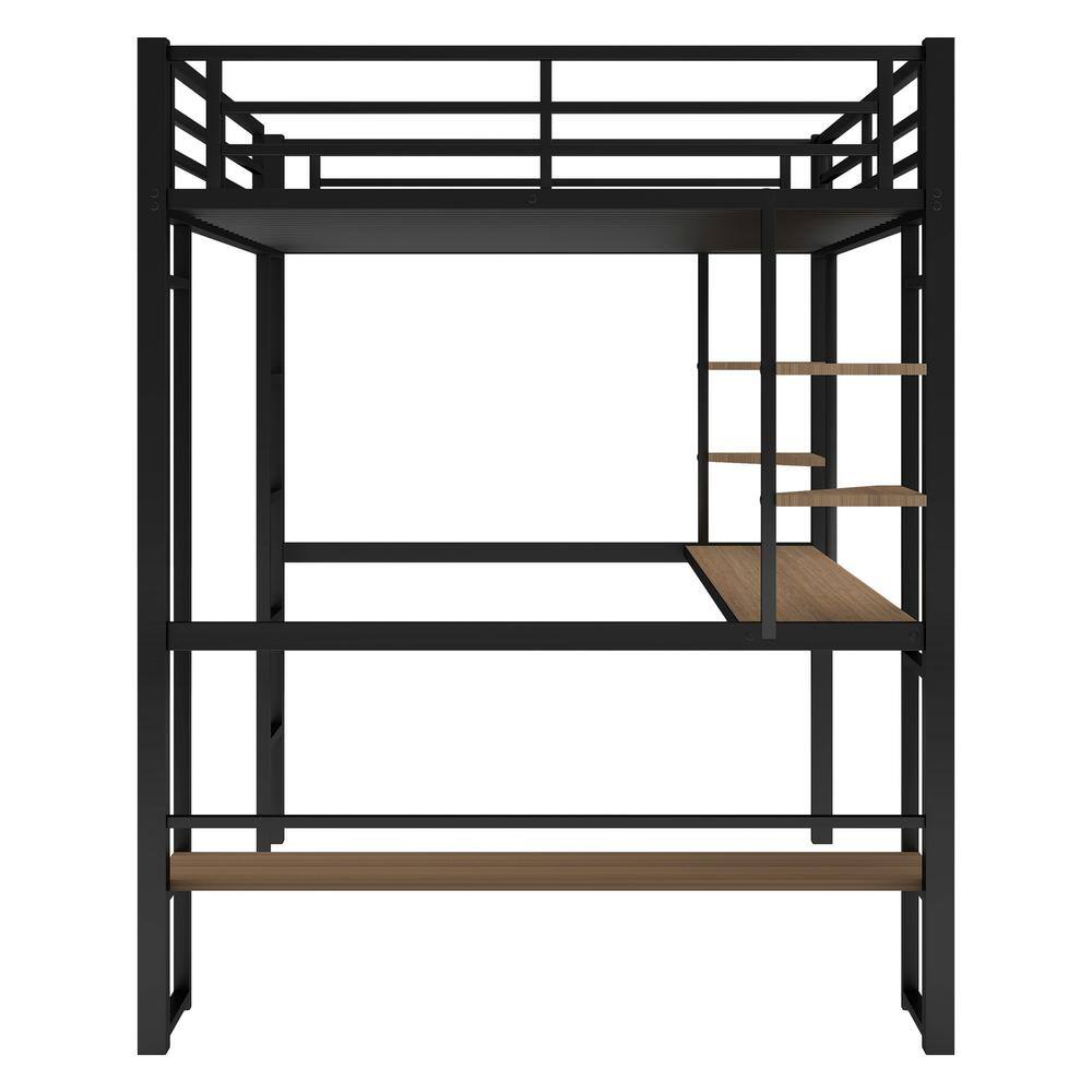 ATHMILE Black Full Size Loft Bed with Long Desk and Shelves