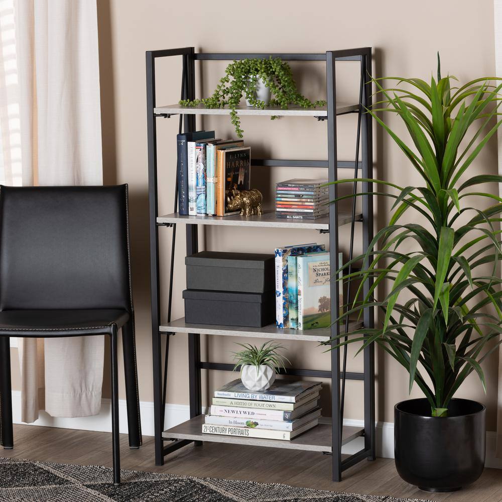 Baxton Studio Lakota Light Grey and Black 4-Tier Metal Shelving Unit (23.6 in. W x 49.2 in. H x 11.8 in. D)