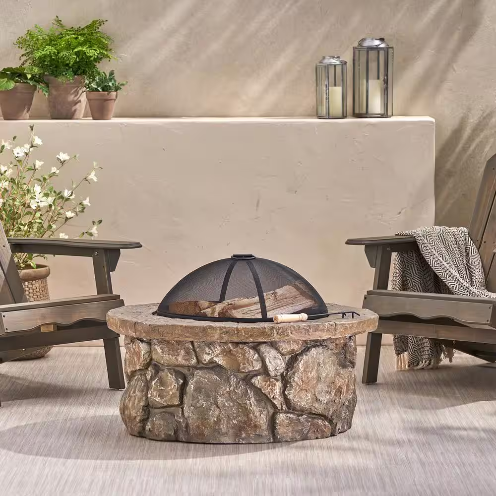 Noble House Samson 34 in. x 21 in. Round Cement Wood Burning Fire Pit in Natural