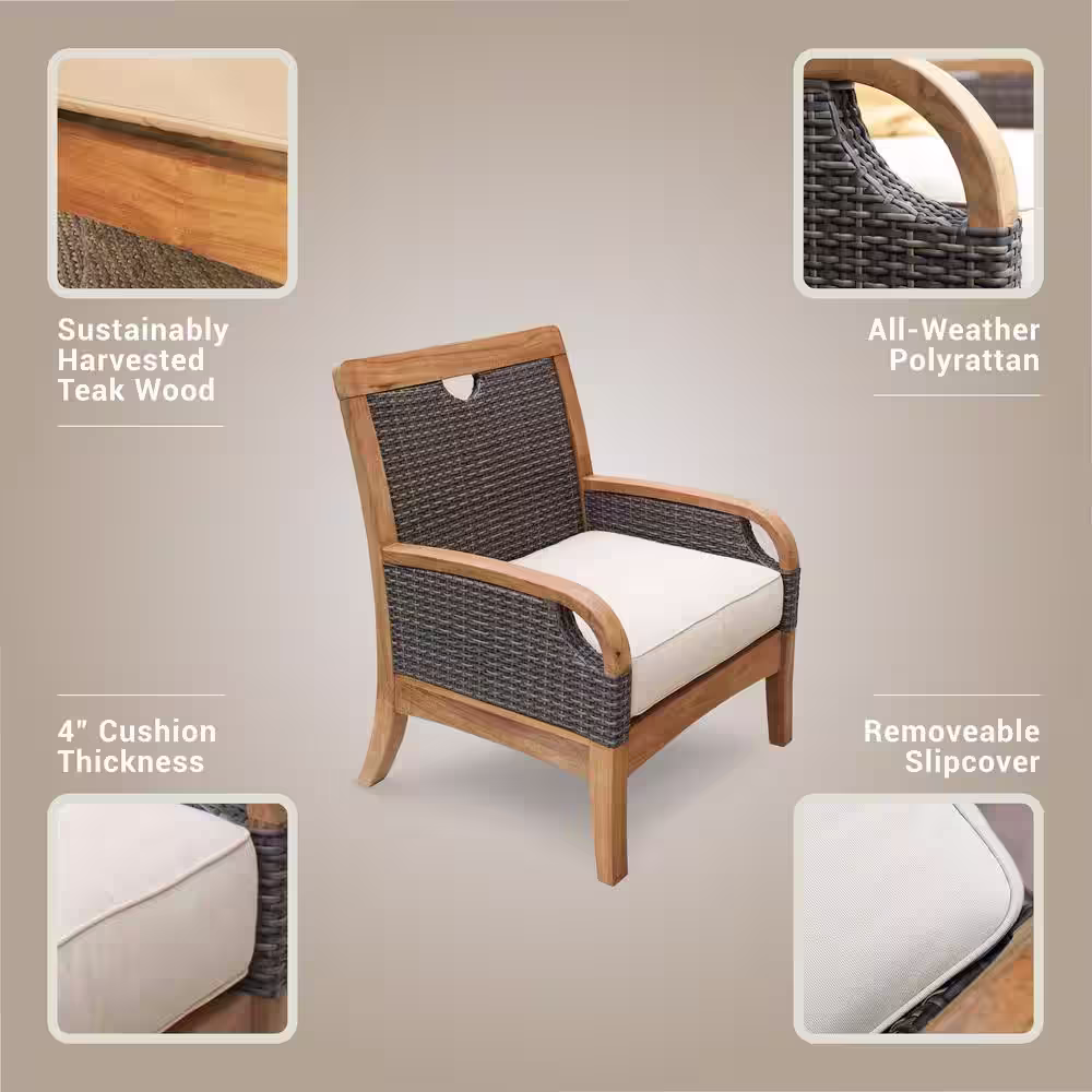 Cambridge Casual Palma 3-Piece Teak Wood Patio Conversation Set with Taupe Cushion Free Lumbar Pillow