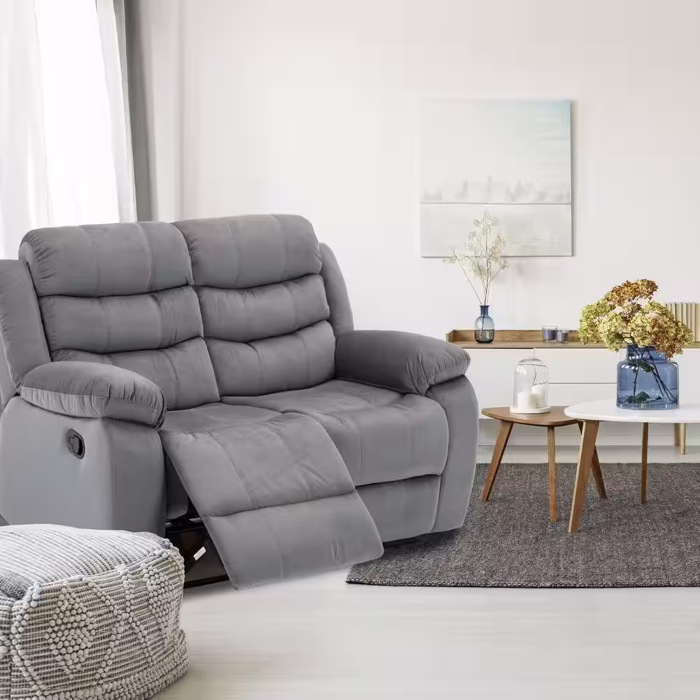 Pinksvdas Sofas 56.3 in. Grey Striped Microfiber Slope Arm 2-Seats Comfortable Couches with Wall Hugger Recliner