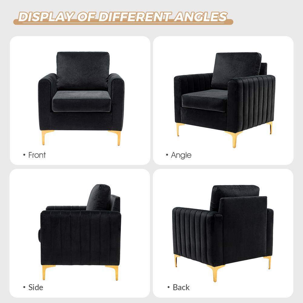 JAYDEN CREATION Ennomus Modern Black Velvet Cushion Back Club Chair with Golden Metal Legs and Track Arms (Set of 2)
