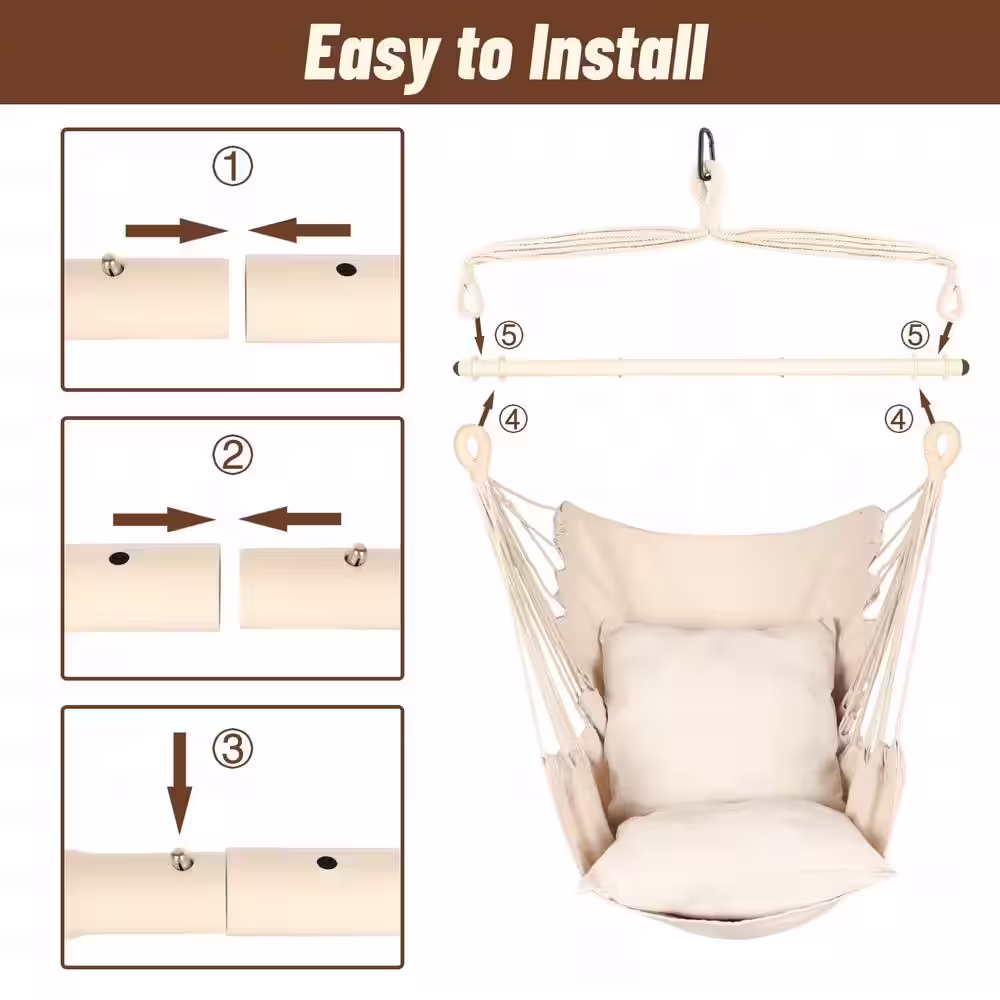 None Hammock Chair Hanging Rope Swing - Max 500 lbs. 2-Cushions Included - Steel Spreader Bar with Anti-Slip Rings (Beige)