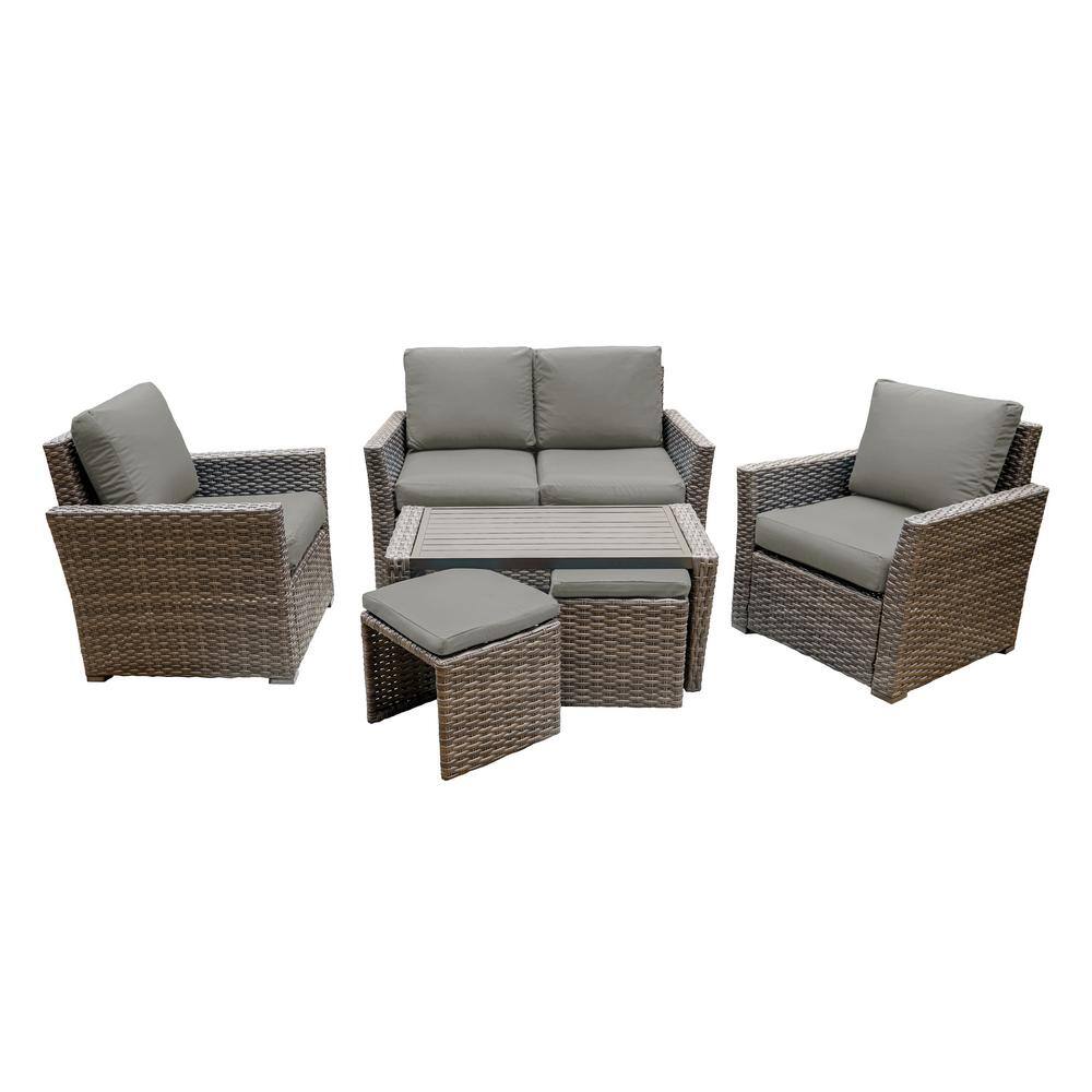Leisure Made Newton 6-Piece Wicker Patio Conversation Set with Gray Polyester Cushions