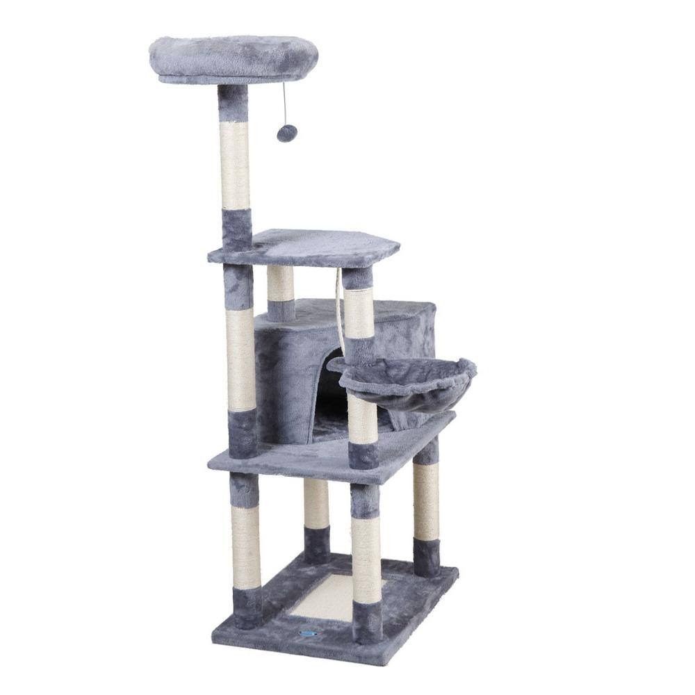 None 60 in. Multi-Level Cat Tree Tower with Play Tunnel in Light Gray
