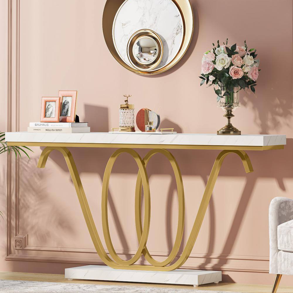 TRIBESIGNS WAY TO ORIGIN Benjamin 55 in. White Gold Rectangle Faux Marble Console Table Sofa Couch Foyer Modern Accent Entrance Entryway Table