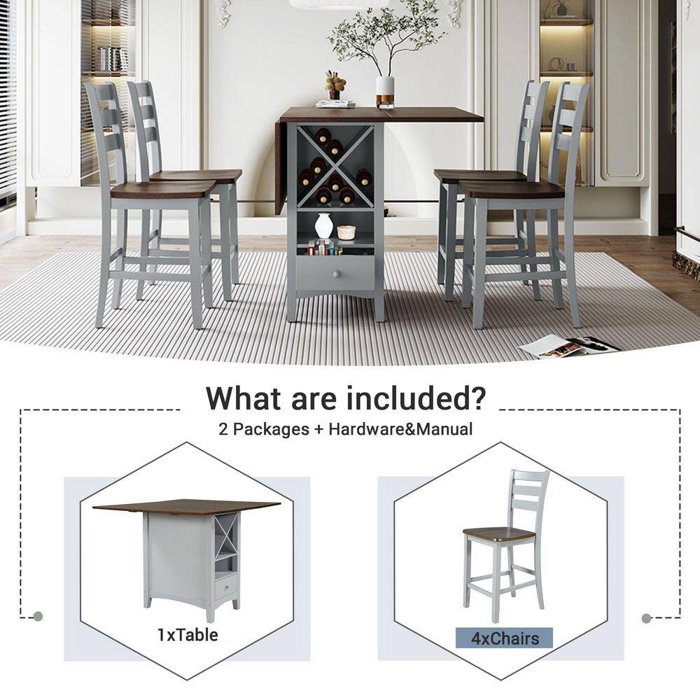 Harper & Bright Designs Farmhouse 5-Piece Cherry and Gray Drop Leaf MDF Top Table Set Seats 4