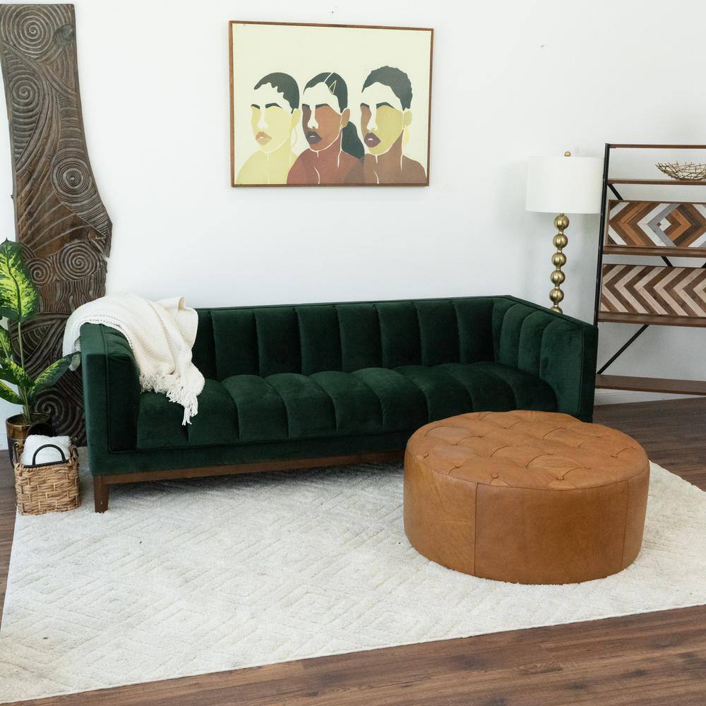 Ashcroft Furniture Co Tate Round Genuine Leather Ottoman in Tan Brown