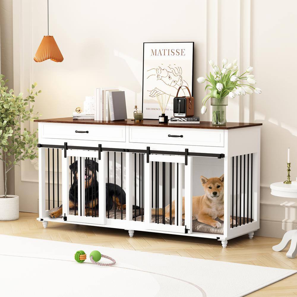 None Dog Crate Furniture Large TV Stand with Drawe 2 Sliding Doors, Dog Kennels Crates for Medium Large Dogs with Divider