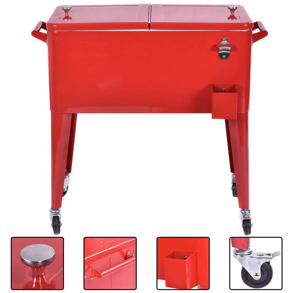 None 80 qt. Red Portable Outdoor Chest Cooler with Wheels and Bottle Opener