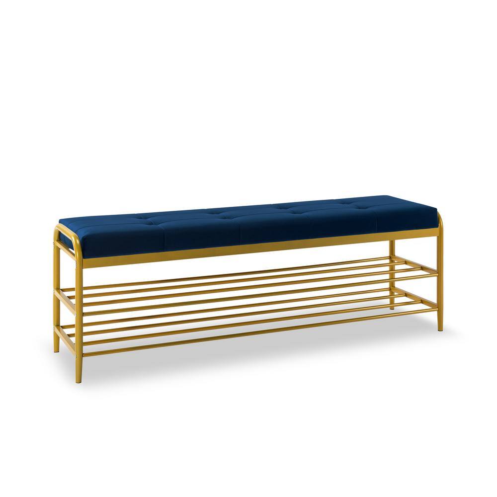 Kahomvis 18 in. H x 55 in. W Navy Blue Tufted Velvet Shoe Storage Bench with 2 Shelves and Metal Frame